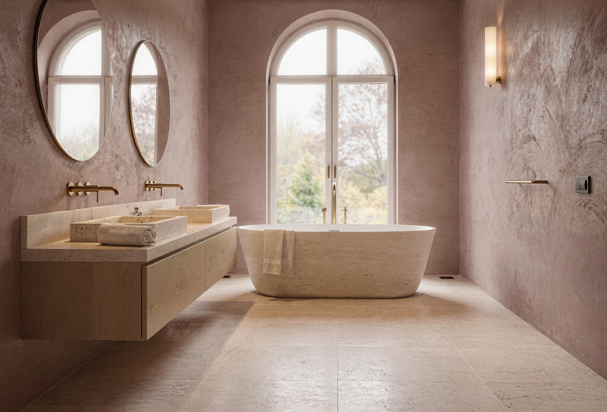 Yeniköy banyosunda kemerli pencere önünde freestanding traverten küvet, çift lavabolu ahşap vanity